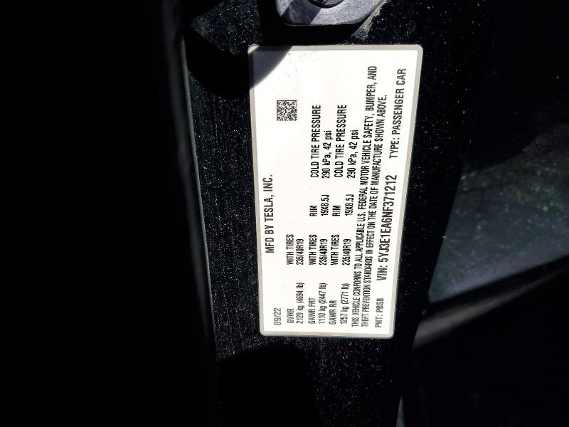 2022 Tesla Model 3 მანქანა იყიდება აუქციონზე, vin: 5YJ3E1EA6NF371212, აუქციონის ნომერი: 58440426
