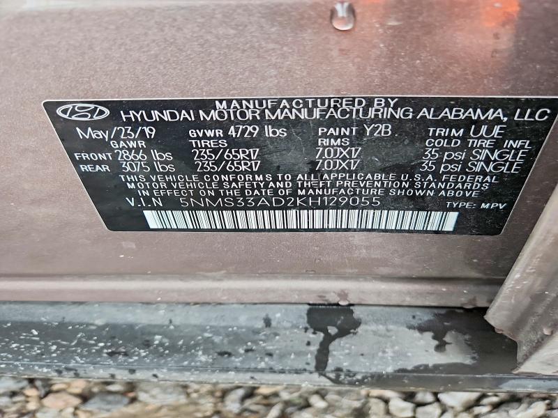 57754916 :رقم المزاد ، 5NMS33AD2KH129055 vin ، 2019 Hyundai Santa Fe مزاد بيع