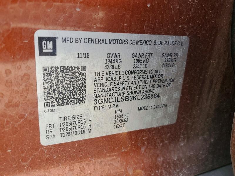 2019 Chevrolet Trax მანქანა იყიდება აუქციონზე, vin: 3GNCJLSB3KL236584, აუქციონის ნომერი: 57027446