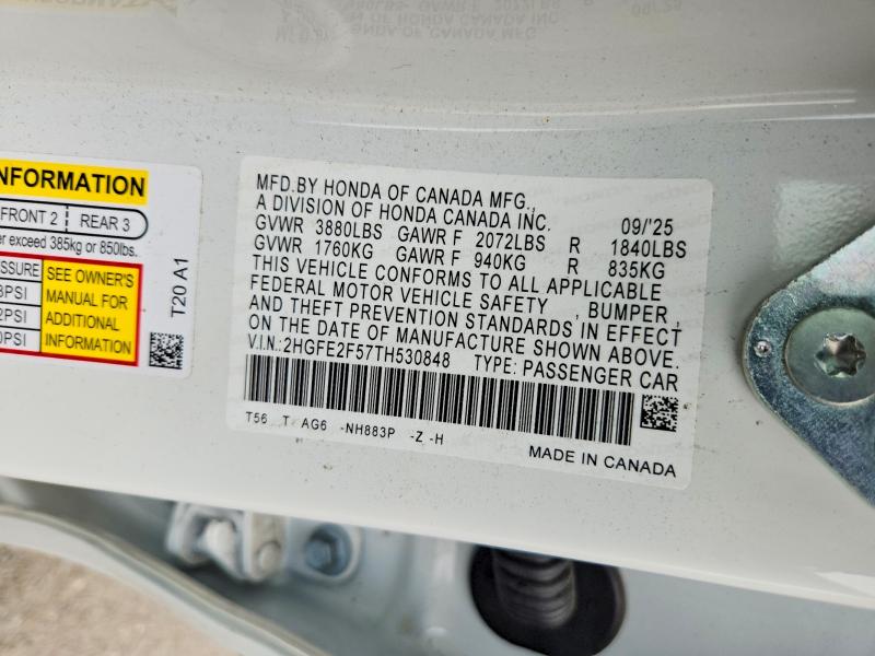 2026 Honda Civic მანქანა იყიდება აუქციონზე, vin: 2HGFE2F57TH530848, აუქციონის ნომერი: 58374506