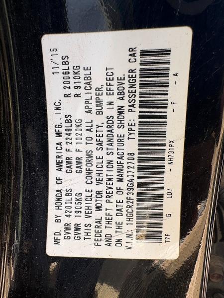 58589736 :رقم المزاد ، 1HGCR2F39GA072708 vin ، 2016 Honda Accord مزاد بيع