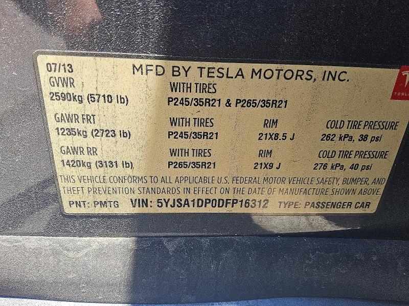 2013 Tesla Model S მანქანა იყიდება აუქციონზე, vin: 5YJSA1DP0DFP16312, აუქციონის ნომერი: 54916386