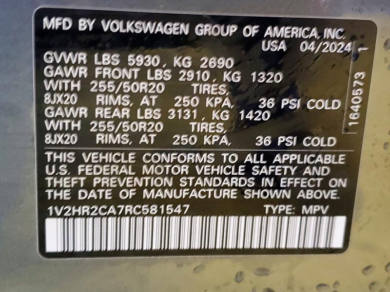 2024 Volkswagen Atlas მანქანა იყიდება აუქციონზე, vin: 1V2HR2CA7RC581547, აუქციონის ნომერი: 57186876