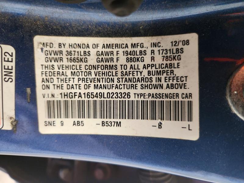 Продажа на аукционе авто 2009 Honda Civic, vin: 1HGFA16549L023326, номер лота: 58584586