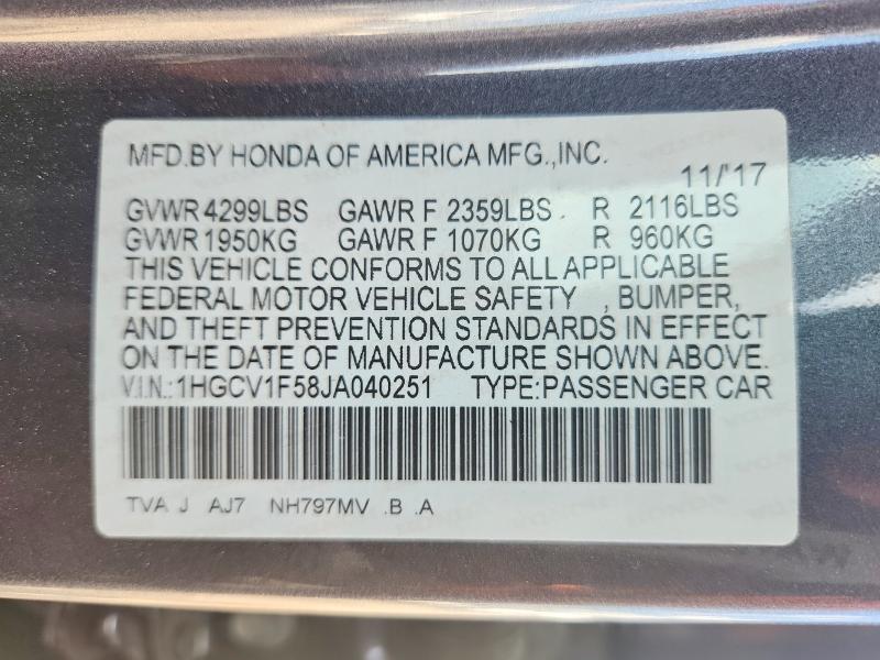 2018 Honda Accord მანქანა იყიდება აუქციონზე, vin: 1HGCV1F58JA040251, აუქციონის ნომერი: 56780126