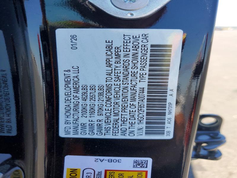 58086116 :رقم المزاد ، 1HGCY2F85TA007444 vin ، 2026 Honda Accord مزاد بيع