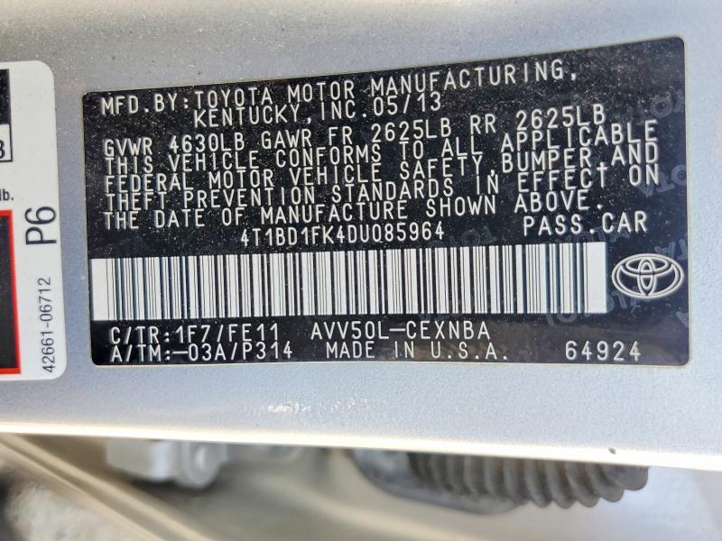 2013 Toyota Camry Hybrid მანქანა იყიდება აუქციონზე, vin: 4T1BD1FK4DU085964, აუქციონის ნომერი: 59188446