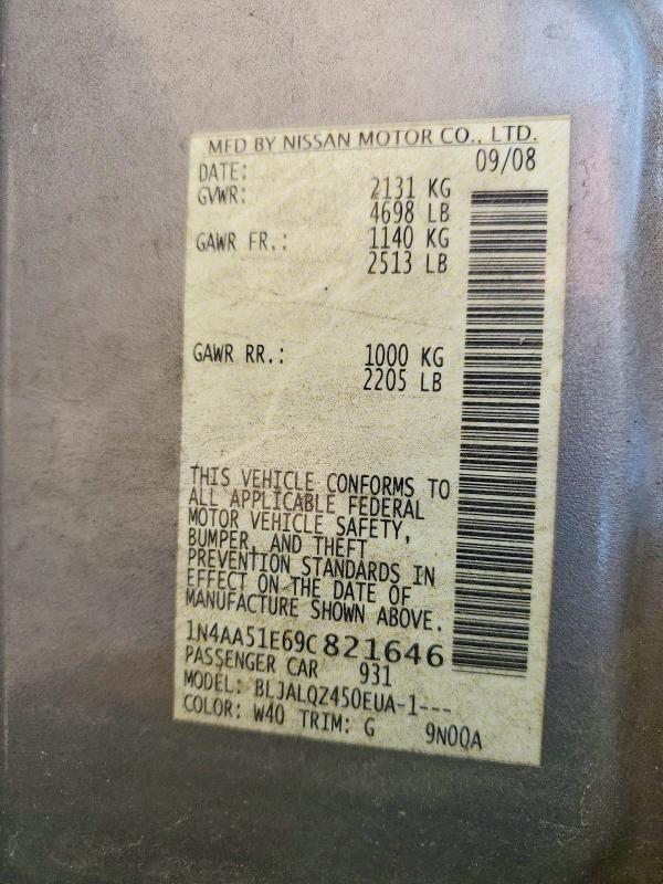 2009 Nissan Maxima მანქანა იყიდება აუქციონზე, vin: 1N4AA51E69C821646, აუქციონის ნომერი: 56437296