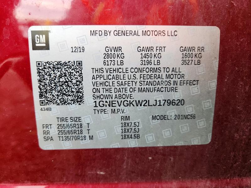 56466226 :رقم المزاد ، 1GNEVGKW2LJ179620 vin ، 2020 Chevrolet Traverse مزاد بيع