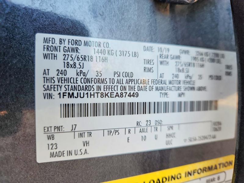 2019 Ford Expedition მანქანა იყიდება აუქციონზე, vin: 1FMJU1HT8KEA87449, აუქციონის ნომერი: 57230366