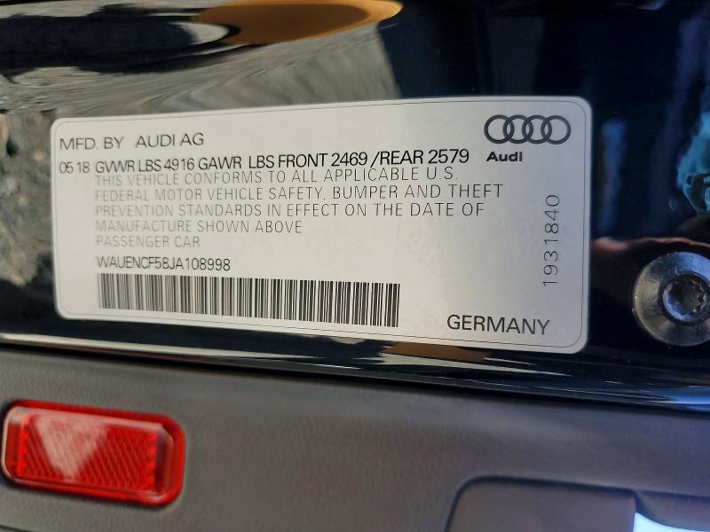 55725396 :رقم المزاد ، WAUENCF58JA108998 vin ، 2018 Audi A5 مزاد بيع