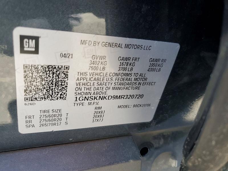 Aukcja sprzedaży 2021 Chevrolet Tahoe, vin: 1GNSKNKD9MR320720, numer aukcji: 56504916