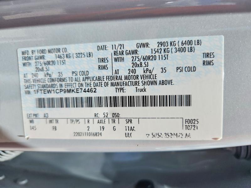 Aukcja sprzedaży 2021 Ford F150, vin: 1FTEW1CP9MKE74462, numer aukcji: 57856166