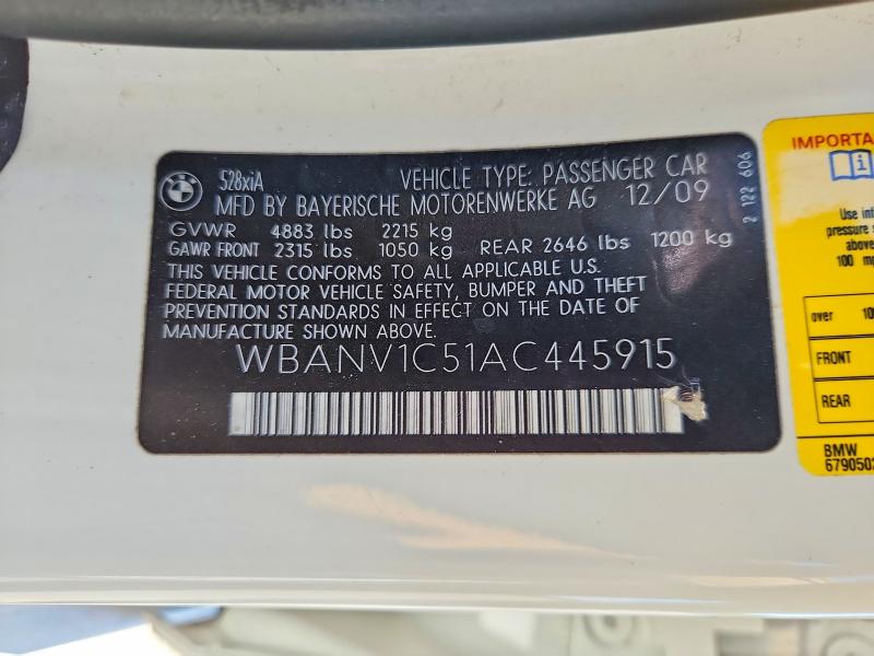 2010 Bmw 528 მანქანა იყიდება აუქციონზე, vin: WBANV1C51AC445915, აუქციონის ნომერი: 55330436