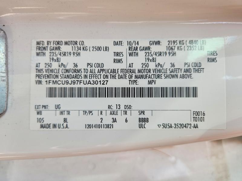 2015 Ford Escape მანქანა იყიდება აუქციონზე, vin: 1FMCU9J97FUA30127, აუქციონის ნომერი: 57904956