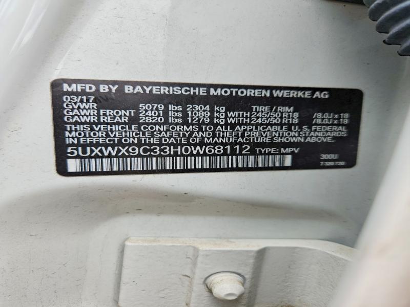 57580746 :رقم المزاد ، 5UXWX9C33H0W68112 vin ، 2017 Bmw X3 مزاد بيع