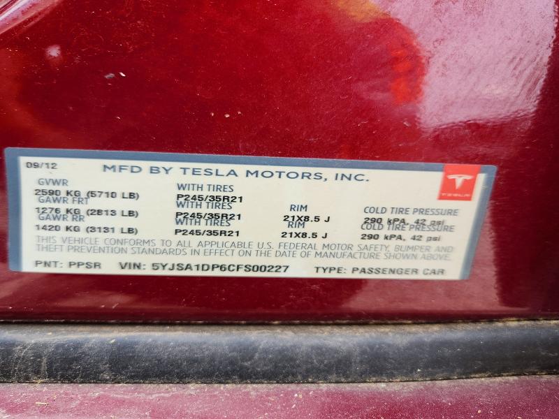 Продаж на аукціоні авто 2012 Tesla Model S, vin: 5YJSA1DP6CFS00227, номер лоту: 58611316
