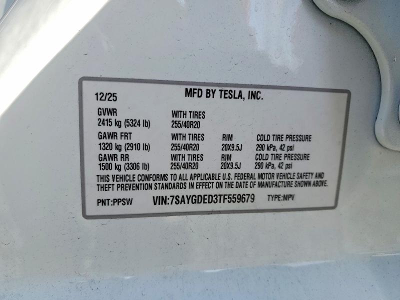 Aukcja sprzedaży 2026 Tesla Model Y, vin: 7SAYGDED3TF559679, numer aukcji: 59174596