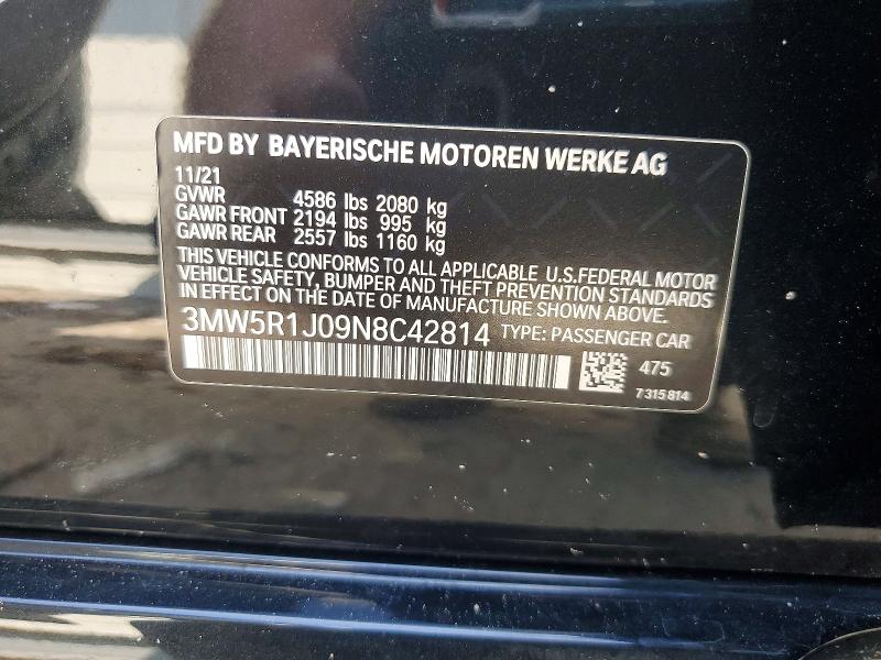 58241346 :رقم المزاد ، 3MW5R1J09N8C42814 vin ، 2022 Bmw 330i مزاد بيع