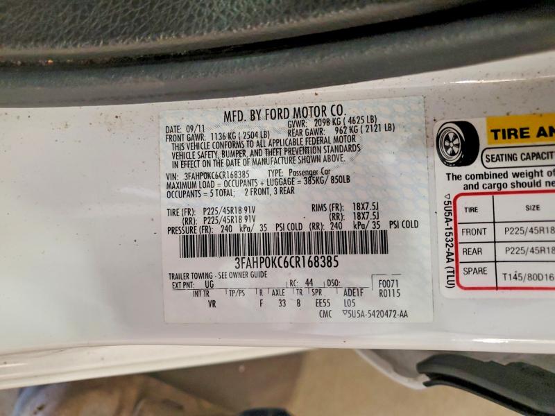 57843436 :رقم المزاد ، 3FAHP0KC6CR168385 vin ، 2012 Ford Fusion مزاد بيع