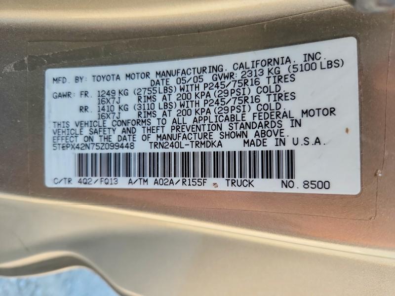 2005 Toyota Tacoma მანქანა იყიდება აუქციონზე, vin: 5TEPX42N75Z099448, აუქციონის ნომერი: 55440456