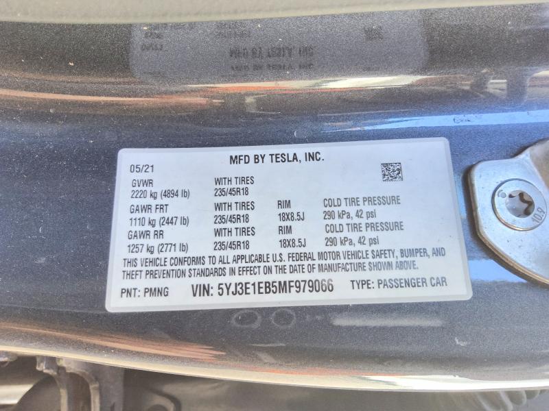 56443046 :رقم المزاد ، 5YJ3E1EB5MF979066 vin ، 2021 Tesla Model 3 مزاد بيع