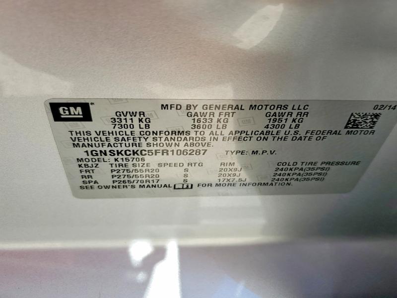 59344376 :رقم المزاد ، 1GNSKCKC5FR106287 vin ، 2015 Chevrolet Tahoe مزاد بيع