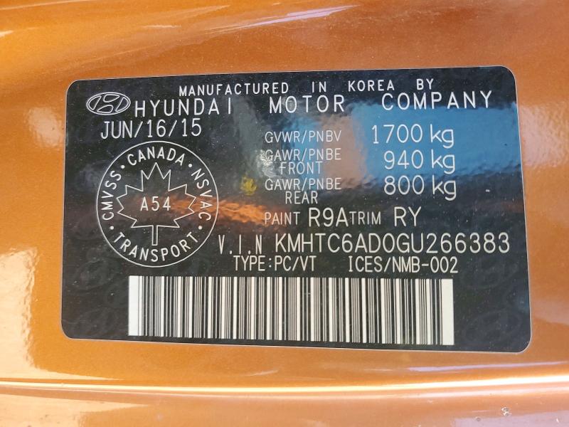 2016 Hyundai Veloster მანქანა იყიდება აუქციონზე, vin: KMHTC6AD0GU266383, აუქციონის ნომერი: 55938016