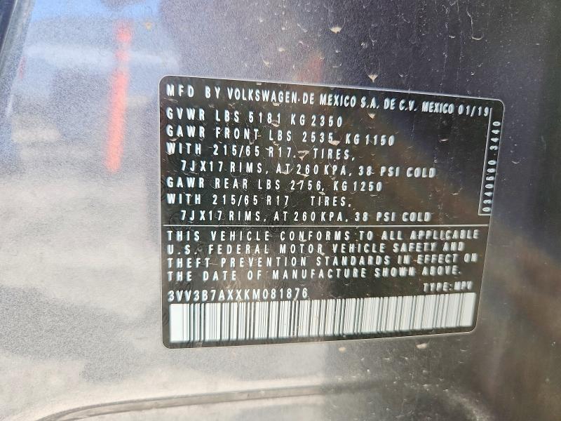 Продажа на аукционе авто 2019 Volkswagen Tiguan, vin: 3VV3B7AXXKM081876, номер лота: 58309726