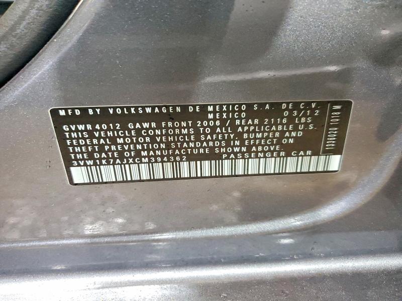 Auction sale of the 2012 Volkswagen Jetta, vin: 3VW1K7AJXCM394362, lot number: 57354296