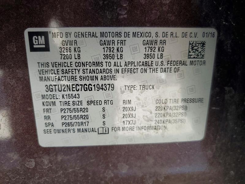 45889575 :رقم المزاد ، 3GTU2NEC7GG194379 vin ، 2016 Gmc Sierra K1500 Slt مزاد بيع