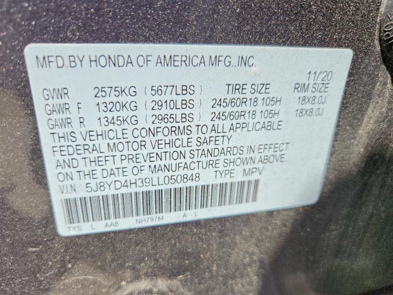 55397006 :رقم المزاد ، 5J8YD4H39LL050848 vin ، 2020 Acura Mdx مزاد بيع