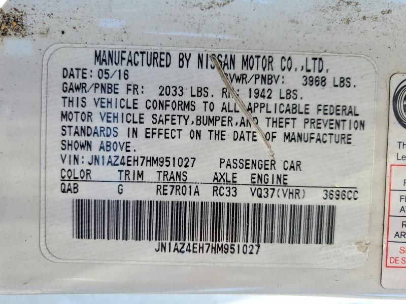 56986496 :رقم المزاد ، JN1AZ4EH7HM951027 vin ، 2017 Nissan 370z مزاد بيع