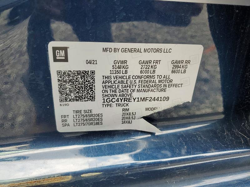 2021 Chevrolet Silverado მანქანა იყიდება აუქციონზე, vin: 1GC4YREY1MF244109, აუქციონის ნომერი: 58759586