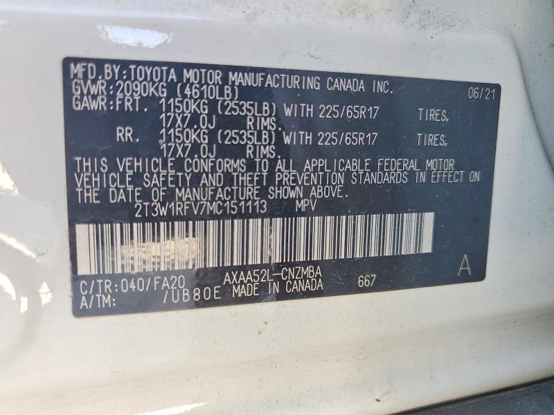 Продажа на аукционе авто 2021 Toyota Rav4, vin: 2T3W1RFV7MC151113, номер лота: 55971326