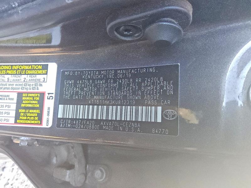 Продажа на аукционе авто 2019 Toyota Camry, vin: 4T1B11HK3KU812319, номер лота: 56038836