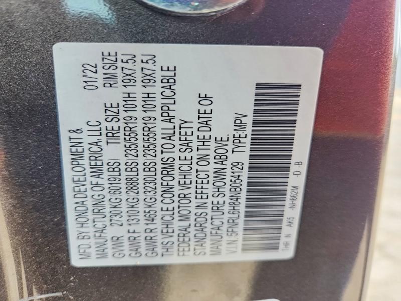 57417696 :رقم المزاد ، 5FNRL6H84NB054129 vin ، 2022 Honda Odyssey مزاد بيع