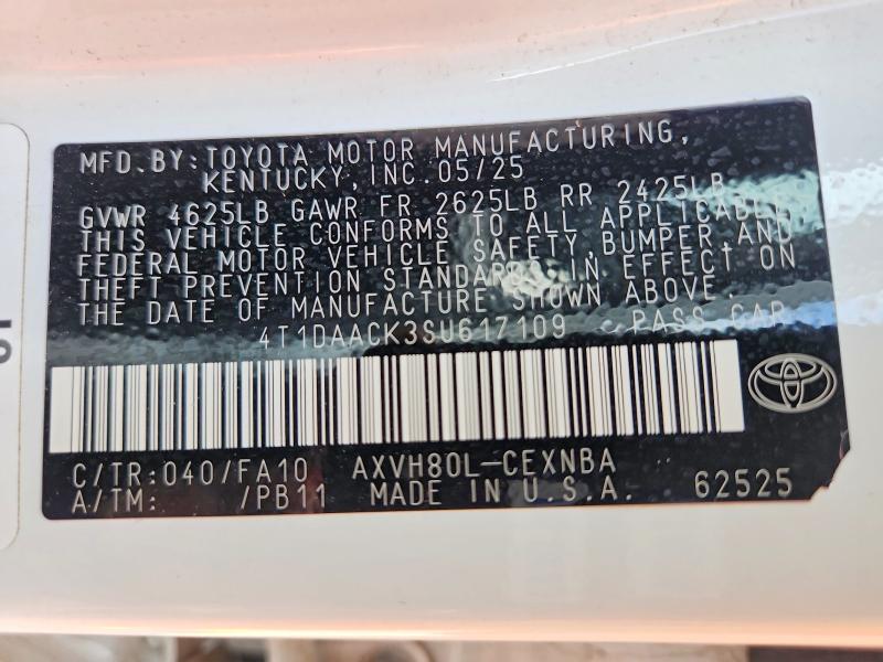 2025 Toyota Camry მანქანა იყიდება აუქციონზე, vin: 4T1DAACK3SU617109, აუქციონის ნომერი: 55759566