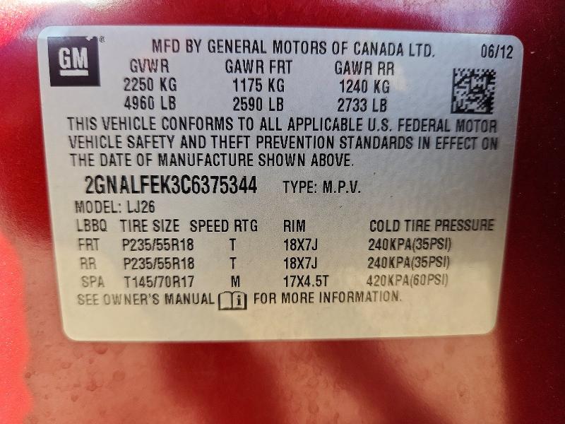Aukcja sprzedaży 2012 Chevrolet Equinox, vin: 2GNALFEK3C6375344, numer aukcji: 57862496