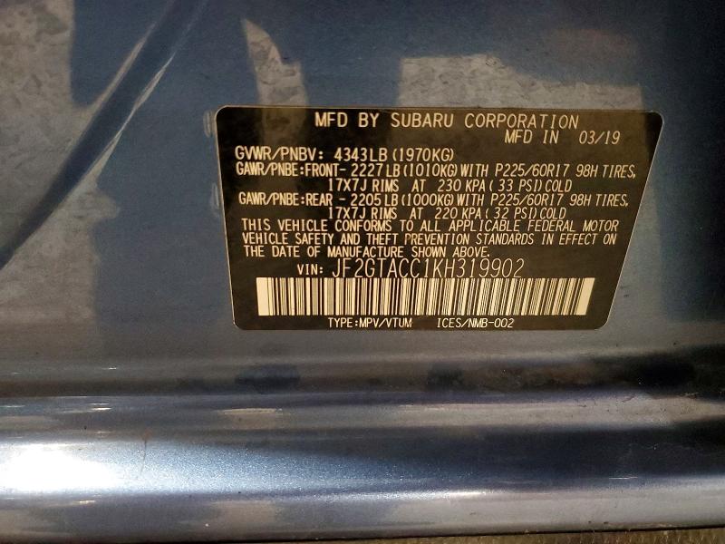58912436 :رقم المزاد ، JF2GTACC1KH319902 vin ، 2019 Subaru Crosstrek مزاد بيع