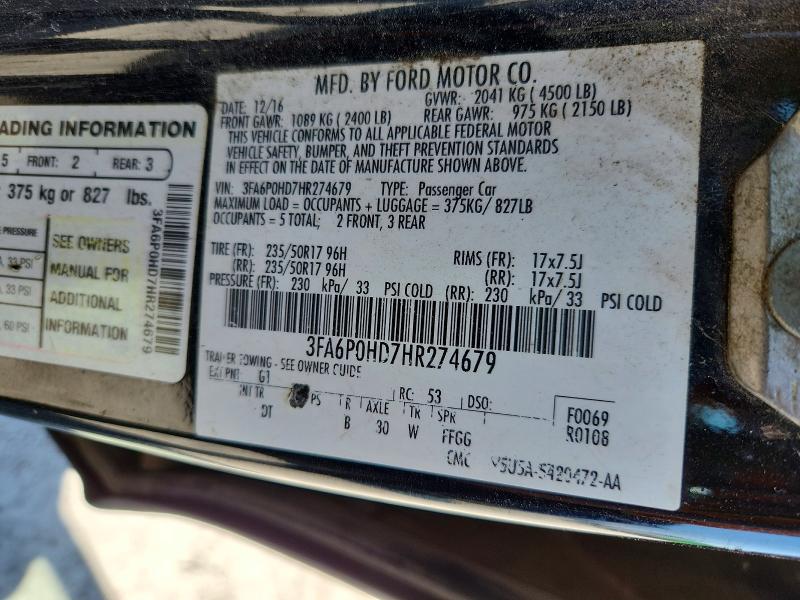 Продаж на аукціоні авто 2017 Ford Fusion, vin: 3FA6P0HD7HR274679, номер лоту: 56536346