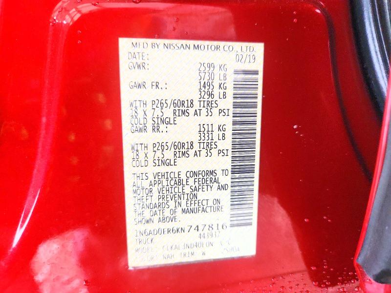 57381806 :رقم المزاد ، 1N6AD0ER6KN747816 vin ، 2019 Nissan Frontier مزاد بيع
