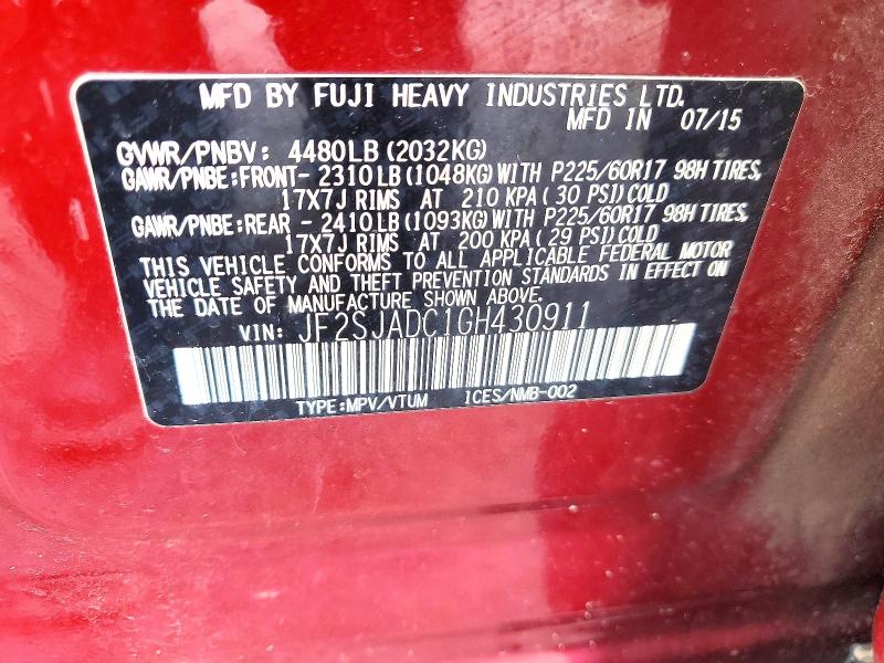58444536 :رقم المزاد ، JF2SJADC1GH430911 vin ، 2016 Subaru Forester مزاد بيع