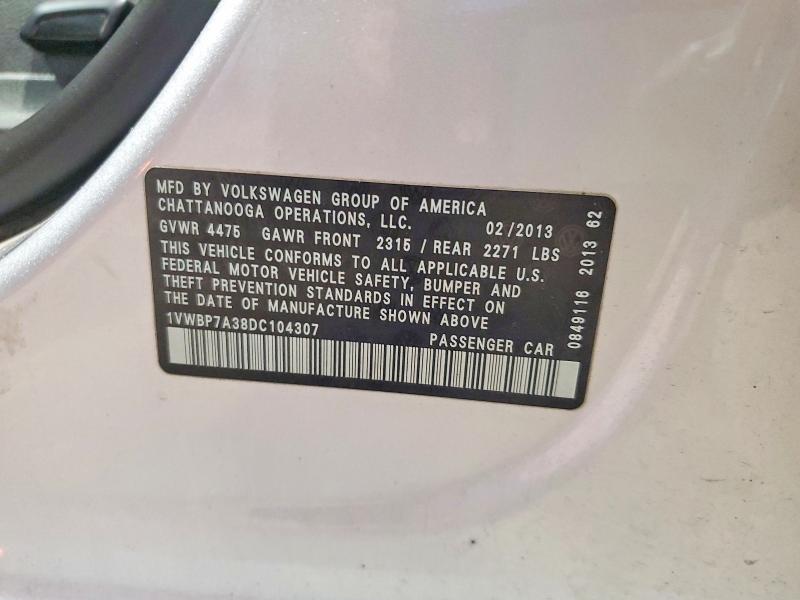 2013 Volkswagen Passat მანქანა იყიდება აუქციონზე, vin: 1VWBP7A38DC104307, აუქციონის ნომერი: 57161466