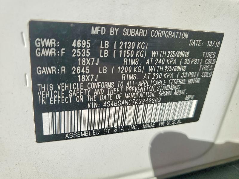 Aukcja sprzedaży 2019 Subaru Outback, vin: 4S4BSANC7K3242289, numer aukcji: 55681636