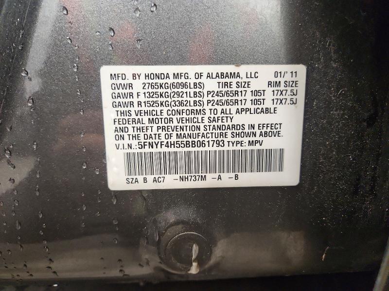 57410256 :رقم المزاد ، 5FNYF4H55BB061793 vin ، 2011 Honda Pilot مزاد بيع