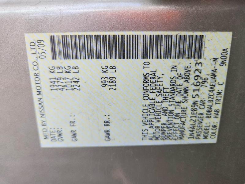 2009 Nissan Altima მანქანა იყიდება აუქციონზე, vin: 1N4AL21E89N516923, აუქციონის ნომერი: 58088936