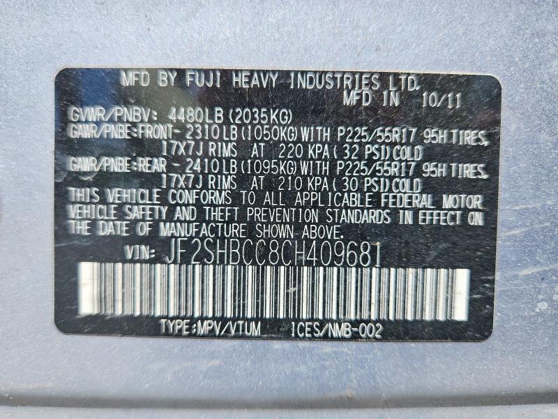55752906 :رقم المزاد ، JF2SHBCC8CH409681 vin ، 2012 Subaru Forester مزاد بيع