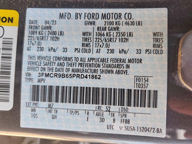 2023 Ford Bronco Sport მანქანა იყიდება აუქციონზე, vin: 3FMCR9B65PRD41862, აუქციონის ნომერი: 58460016