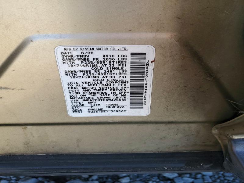 2006 Nissan Murano მანქანა იყიდება აუქციონზე, vin: JN8AZ08T66W425645, აუქციონის ნომერი: 56351606